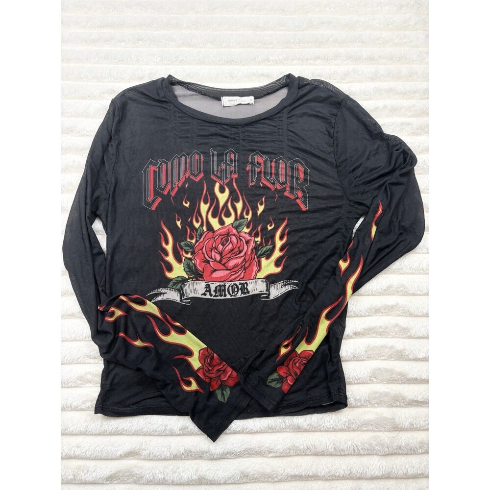 Sweet Lilac Womens Small Black Mesh Crop Top Rose Flame Graphic Long Sleeve